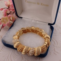 Vintage Camrose & Kross Gold Tone Pave Crystal Ribbed 6 3/4″ Bangle Bracelet