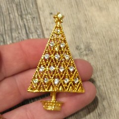 Vintage Rhinestone Christmas Tree Brooch set Filigree Gold Tone Holiday Pin Gift