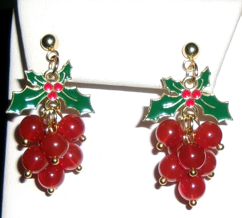 Vintage Holly Leaf Berries Earrings-Enamel Red Beads-Dangle Pierced
