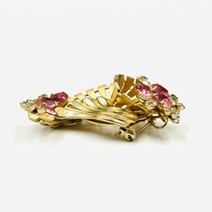 Vintage Fan Wave Rhinestone Brooch Red and Clear Prong Set Stones Gold Tone Pin