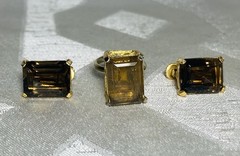 Vintage Bold Marvella Smoky Topaz Glass Ring & Screw Back Earrings Set Gold Tone