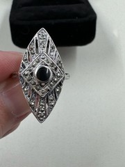 Antique Art Deco 1920s Revival Marquise Black Onyx and Marcasite Sterling Silver