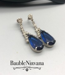 Vintage Prong Set Rhinestones&Teardrop Dark Sapphire Blue Glass Dangle Earrings