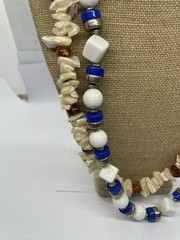 Lot 2 Pc Vtg Chunky Necklaces Blue Silver & White & Shell w Faux Amber Nuggets