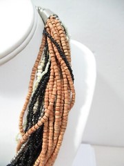 Multi 28 Strand Vintage Necklace Black White Silver Metal Wood Glass Plastic