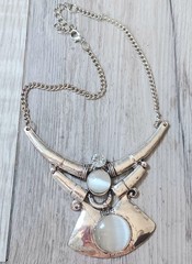 Vintage Egyptian Revival Style Silvertone Bib Necklace w/ white moonstone