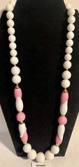 Pink & White Plastic Art Deco Bead Necklace Vintage