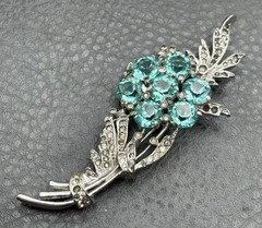 REJA Sterling Pave Rhinestone Unfoiled Faux Aquamarine Chatons Spray Flower Pin