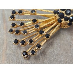 Warner Black Rhinestone Gold Tone Bow Brooch Pin Vintage 2.5 Inches Signed