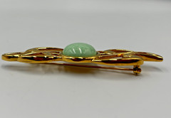 Vintage Monet Brooch Pin Mint Green Cabochon Gold Tone Leaf Signed 1970s 1980s