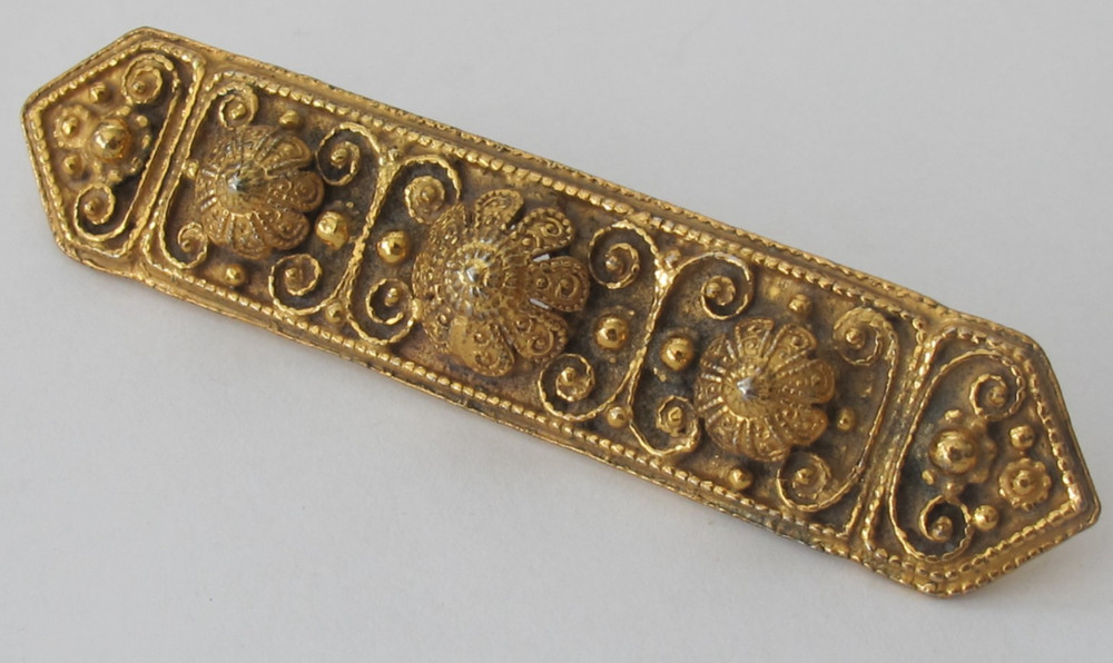 Vtg Rice-Weiner Etrusceana Gold Tone Filigree 3.25″ Bar Brooch Pin Revival C5