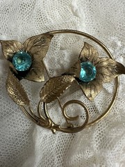 Antique 1920s Large Gold Washed Art Nouveau Art Deco Brooch Ice Blue