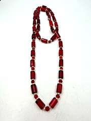 Vintage Necklace Glass Beads Art Deco Red Barrel 28 Inches PJ