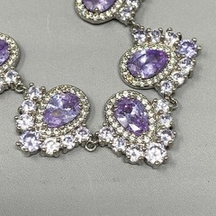Purple Glass Rhinestone Necklace Silver Tone Links Teardrops Party Glam 20″