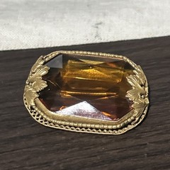 Vintage Nouveau Signed Czech Topaz Amber Glass Open Bezel Set Brooch Pin Amazing