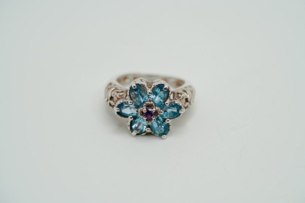 Vintage Blue Topaz Amethyst Flower Sterling Silver Ring Size 7.5