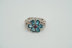 Vintage Blue Topaz Amethyst Flower Sterling Silver Ring Size 7.5