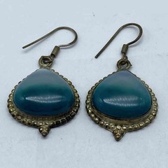 Sterling Silver 925 Teal Agate Cabochon Teardrop Drop Earrings Vintage 14.9g