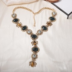 Vintage Glam Green stone Tiger Eye Choker Gold Victorian Statement Necklace gift