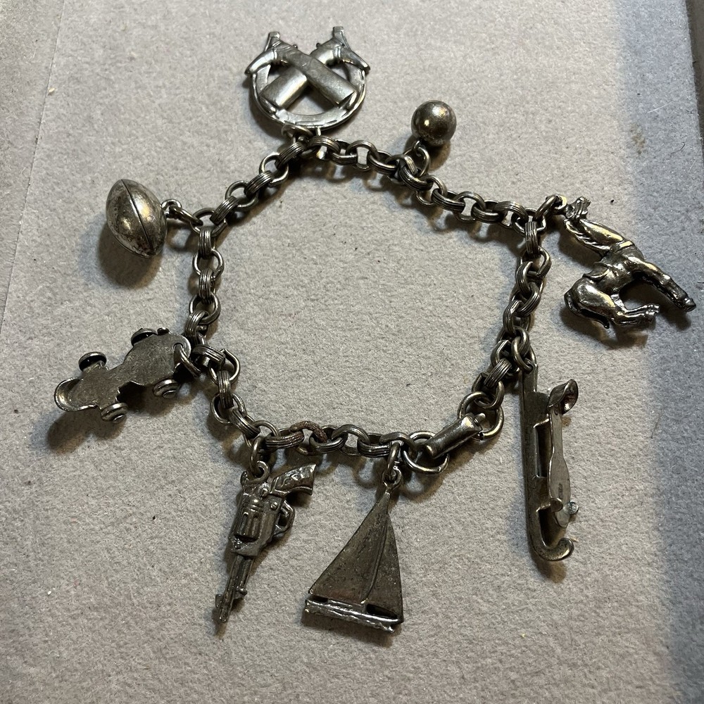Vintage Coro Charm Bracelet Silver Tone Sports Western Themed