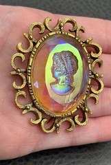 Vintage Huge AB Aurora Borealis Rainbow Glass Cameo Intaglio Brooch Gold Tone