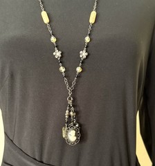 Vintage David Aubrey Necklace Cameo Crystal Rhinestone 30” Long + 2 1/4” Drop