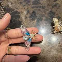 Set of 2 Bee Brooches Rhinestone Pearl Crystal Insect Gold Tone Statement