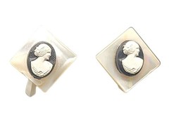 MOP Lucite Cameo Tension Paddle Clip On Earrings Mother Of Pearl Vtg Black White