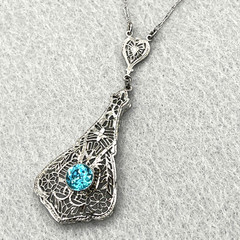 Art Deco Sterling Silver Filigree Necklace Teal Rhinestone Necklace 16″ Antique
