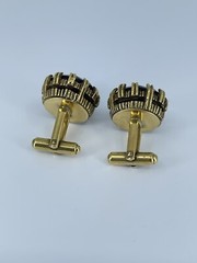 Red Glass cufflinks Faceted round prong set open gold tone 1-1/8″