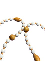 Vintage Artisan Beaded Necklace White Plastic Brown Wooden Beads No Clasp 33 in