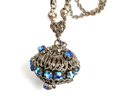 WEST GERMANY Pendant/Necklace Earring Set Blue AB Rhinestone Faux Pearls 1950s