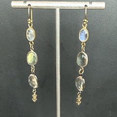 VINTAGE FACETED MOONSTONE RUTILATED & CLEAR QUARTZ LONG DROP DANGLE EARRINGS