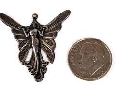 Sterling Silver Art Nouveau Lady with Butterfly Wings Fairy Pendant 1.25″