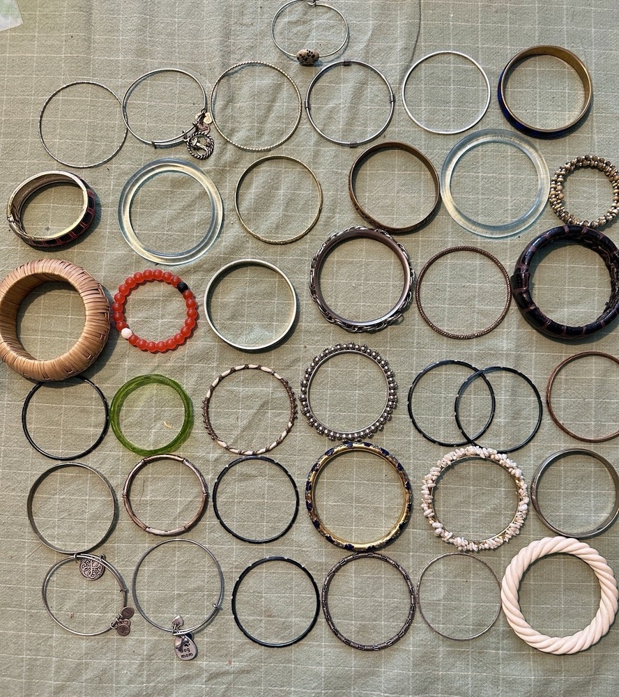 Vintage Mixed Lot 38 Bangle Bracelets Metal Plastic Leather
