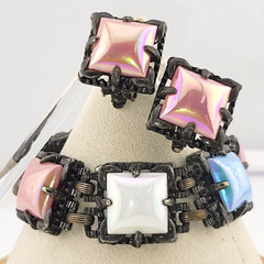 Vintage Pastel Pink Blue AB Gripoix Glass Cabochon Clip Earrings & Bracelet Set