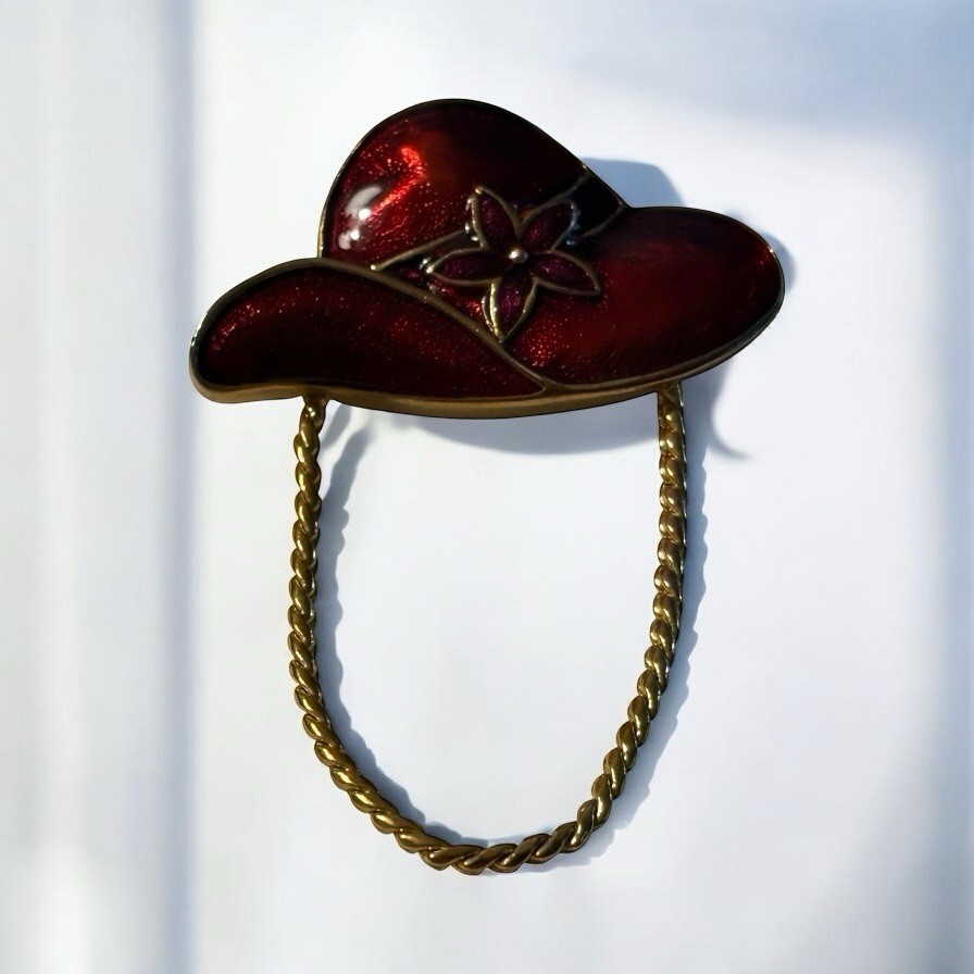 Red Hat Society Brooch Pin Eye Glasses Holder Gold Tone Chain VTG Enamel Shimmer