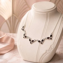 Garnet Necklace Sterling Silver Choker Red Gemstone Cluster V Shape Statement
