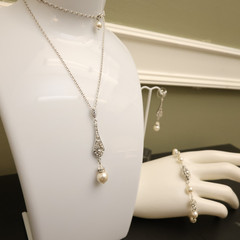 Art Deco jewelry set earrings bracelet necklace ivory faux pearls clear crystals
