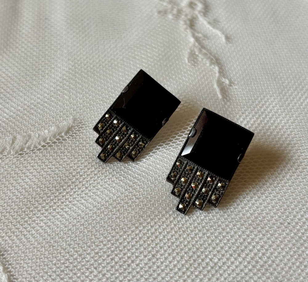 Vintage Sterling Silver Earrings Black Onyx and Marcasite- Art Deco