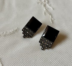 Vintage Sterling Silver Earrings Black Onyx and Marcasite- Art Deco