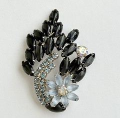 D&E Vintage Flower Corsage Ice Blue & Onyx Navette Brooch Pin & Clip-on Earrings