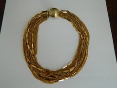 Vintage Mid Century Multi Strand Layered Fancy Link Choker Necklace Gold Tone