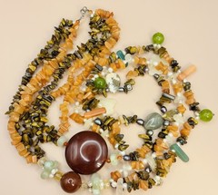 Vintage Natural Gemstone Multi Strand Boho Tigers Eye Carnelian Pearl 28”