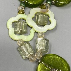 Glass Necklace Green White Beads Wire Wrap Acrylic Flower Y Drop Pendant Boho 18