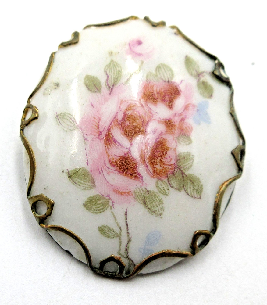 VTG OLD C close Porcelain? ROSES LEAF pink white blue green gold tone Brooch Pin
