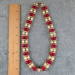 Vintage Red & White Beaded Faux Pearl Gold Tone Choker Necklace, Snap Close 19″