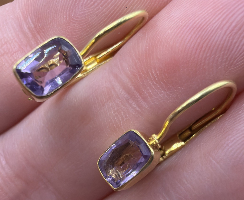 Dainty Gold Tone Simulated Amethyst Hook Pierced Earrings NEW/Never Worn