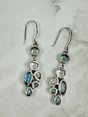Sterling Silver Aquamarine & White Topaz Cluster Dangle Earrings – 2 1/4″