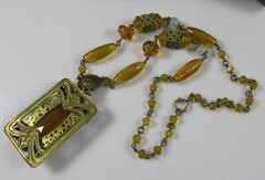 Old Czechoslovakia Art Glass Amber&Brass Beaded Necklace Large Filigree Pendant